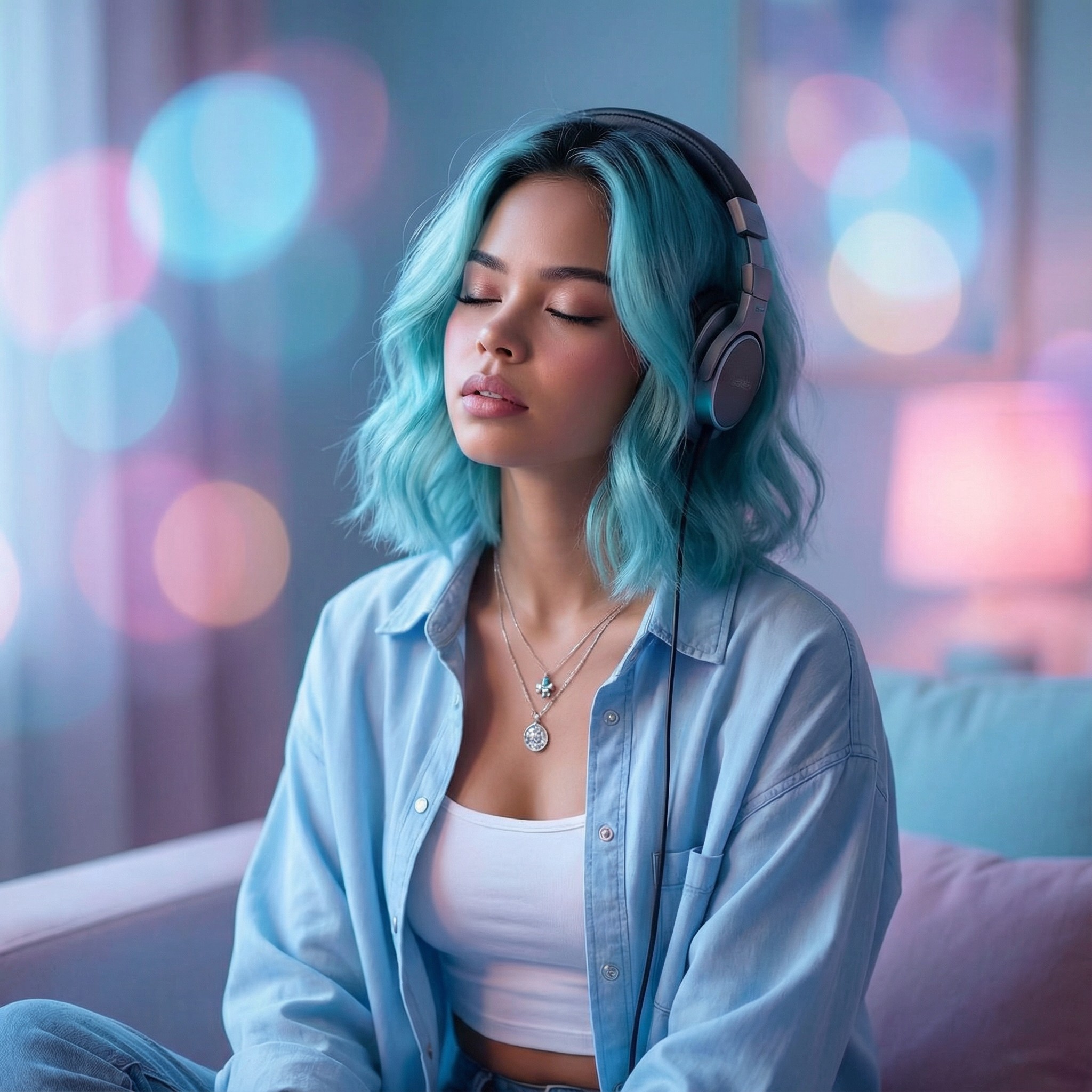 Kulaklık takmış, gözleri kapalı AyNisa portresi